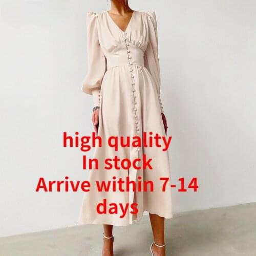 Beige Single Breasted Sexy Dress Party Clud High Waist Satin Long Dress Elegant V Neck Women Midi Dresses Lantern Sleeve