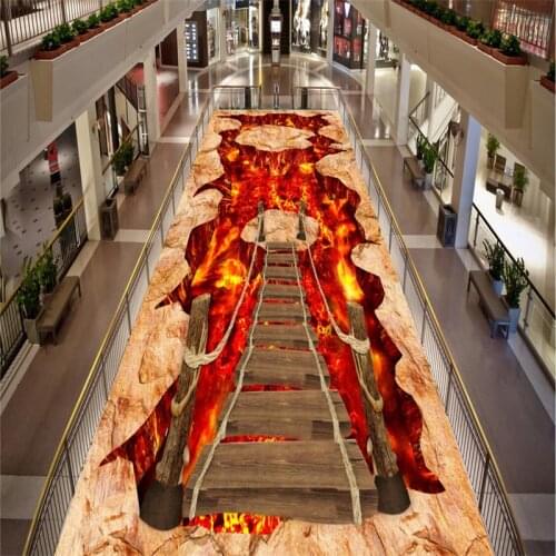 Beibehang Custom photo wallpaper wear thicker PVC wall stickers volcanic magma suspended wooden bridge 3D floor painting