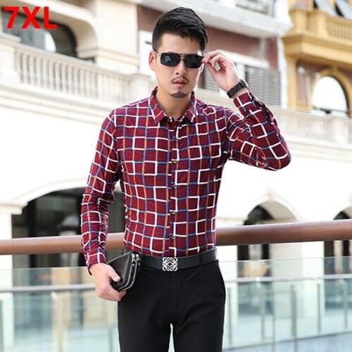 Pure cotton big size long sleeve shirt, plaid shirt, 6XL 5XL 4XL mercerized cotton, stretch soft casual shirt, male