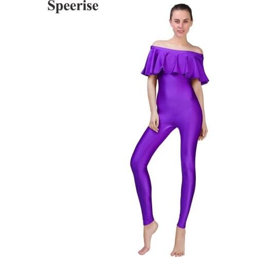 Speerise Women Sexy Bodycon Stretchy Naked-feel Bodysuit Onstage Spandex Off Shoulder Ruffled Collar Aerial Yoga Wear Jumpsuit