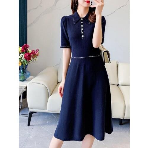 Navy Blue Polo Cotton Kintted Short Sleeves Dress Size XS-XL UK Fashion