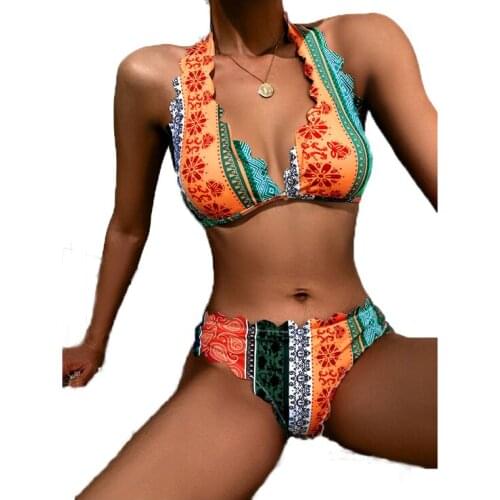Womens Bikinis 2 Piece Swimsuit Set Ladies Swimwear Print Color Matching Bathing Suit Bandage Beachwear High Waist Sexy Bikini