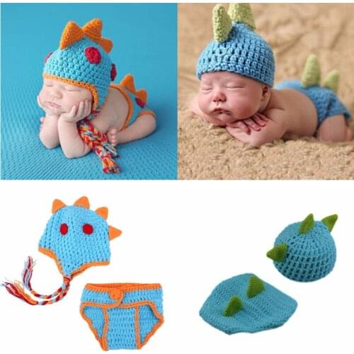 2Pcs/Set Handmade Kintted Newborn Photography Costume Cute Casual Baby Photo Props Dinosaur Shape Clothing Suit