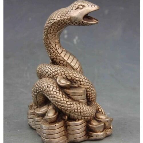 6 Chinese White Copper Silver fengshui Lucky YuanBao Cion Zodiac Snake Statue