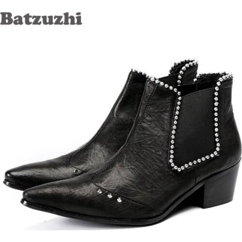 Batzuzhi 6.5cm Heel Boots Men Pointed Toe Black Leather Ankle Boots with Crystals Mens Party Dress Shoes Botas Hombre,US12 EU46