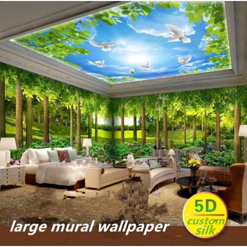 Custom 5D silk large mural wallpapers 3d forest nature landscape wallpaper restaurant green tree mural theme room wall covering