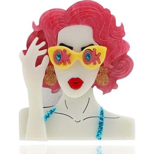 New Punk Cool Pink Hair Lady Wear Glasses Acrylic Brooch For Women Personality Cute Figure Badge Lapel Pins Brooches Jewelry