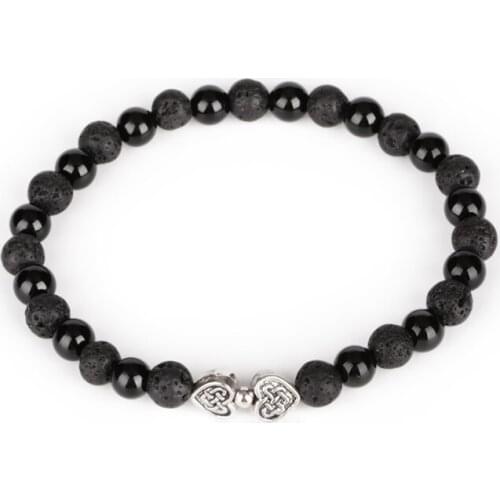 6mm Black Glossy Onyx Rough Rock Lava Mineral Energy Stone Bead Knot Heart Charm Beaded Bracelets For Man Women