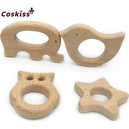 DIY Baby Teether Toys Organic Natural Beech Wooden Elephant-Bird-Star-Owl Hand Cut Toys Baby Wooden Teether Gift
