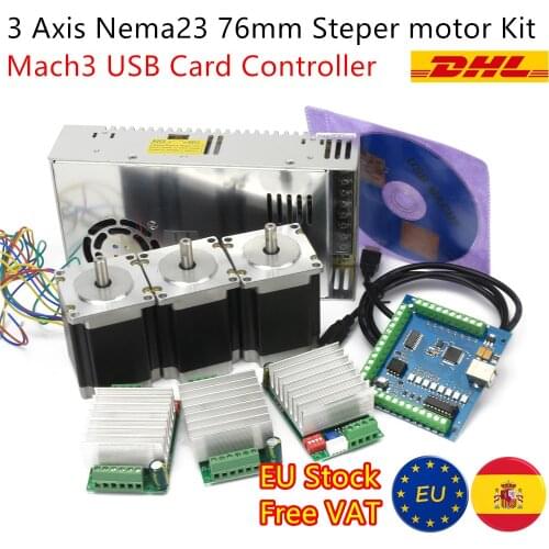『EU Free』3 Axis Nema23 Stepper Motor CNC Controller Kit, 270oz-in 76mm & TB6600 Motor Driver & USB Mach3 Card & 24V Power supply