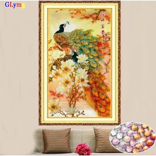 GLymg Diy Peacock Embroidery Crystal Bright Round Drill Diamond Painting Cross Stitch Vertical Picture Rhinestones Home Decor