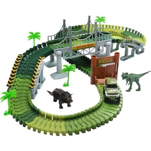 Race Track Dinosaur World Bridge Create A Road 142 Piece Toy Car & Flexible Track Playset Toy Cars, 2 Dinosaurs