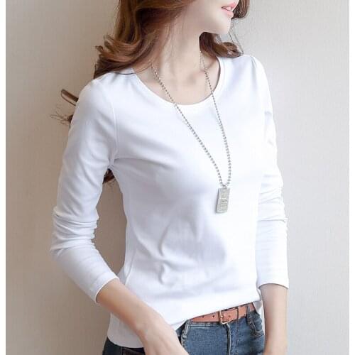 Cotton women t-shirts 2019 summer new long-sleeved solid o-neck office lady elegant top tees fashion bottoming tops