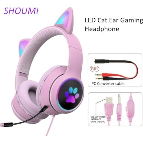 Cat Ear Gaming Headphone LED Light Girl Gamer Wired Headset Stereo Game Cat Earphone PC Earbud with Mic for Tablet PS4 PS5 Fifa