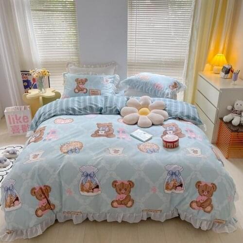 100%cotton Cartoon bedding set Kawaii Cute Toy Bears printed duvet cover with zipper closure soft bed sheet pillowcases for kids