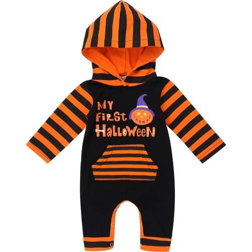 Toddler Infant Baby Boys Girls My First Halloween Costume Cartoon Pumpkin Printed Striped Hooded Romper Jumpsuit Bodysuit