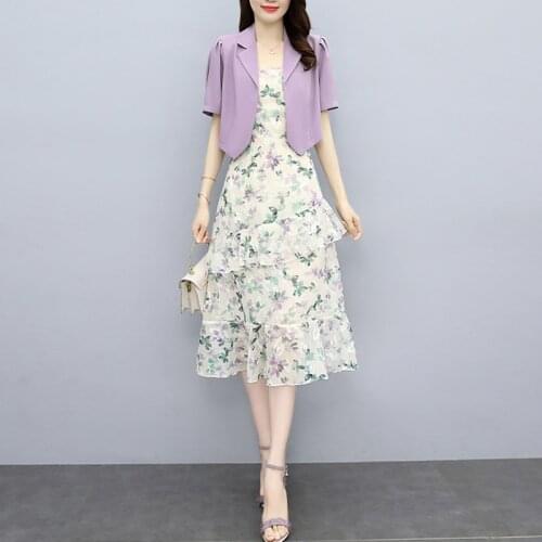 Summer Women Short Sleeve Blazer+Camisole Dress Suits Short Tops Vintage Floral Dresses Sets Elegant Woman Two Piece Set