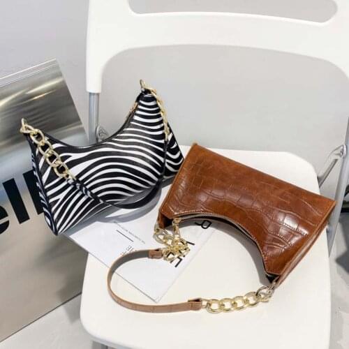 Fashion Women PU Leather Alligator Zebra Pattern Shoulder Underarm Hobos Bag Vintage Zipper Ladies Chain Handbags Purse