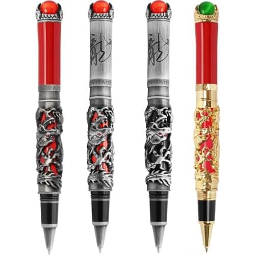 New Jinhao Dragon King Ancient Roller Ball Pen Unique Metal Embossing Hi-tech, Gray & Red Color For Office & Home Business