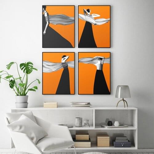 Orange Abstract Elegant Woman Poster Wall Art Print Canvas Painting Modern Decorative Pictures for Living Room Home Decoration