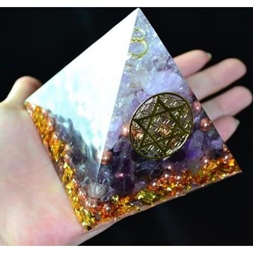 AURA REIKI Orgonite Pyramid Amethyst Sahasrara Chakra Jeremiel Natural White Crystal To Improve Mood Resin Pyramid Crafts C0146