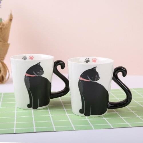 Cute Cat Mug for Coffee or Tea Ceramic Cup for Cat Lovers with Black and White Kitty and Tail Shaped Handle Cup Christmas Gifts
