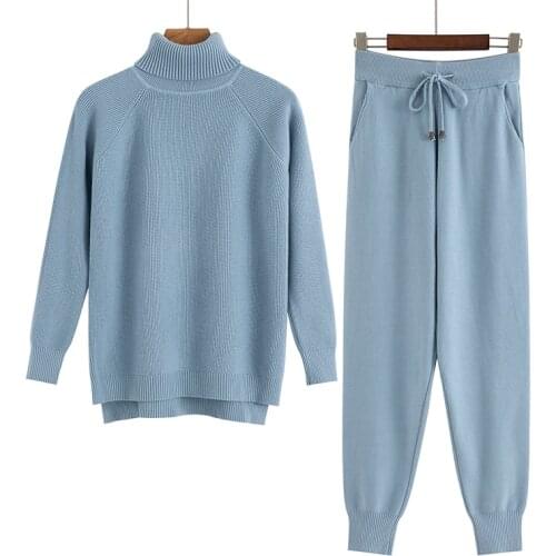 BYGOUBY 2020 Autumn Winter Thick Warm Turtleneck Sweater 2 Pieces Sets Pullover Top Tracksuit And Pant Suits Black Apricot Khaqi