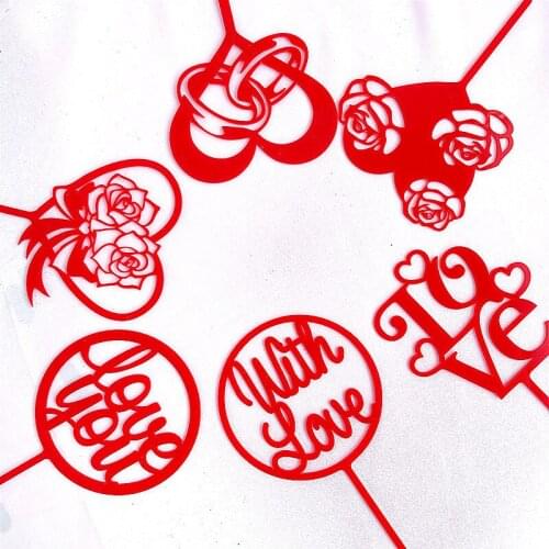 New Wedding Acrylic Cake Topper Love Heart Red Flowers Cupcake Topper For Wedding Valentines Day Party Cake Decorations