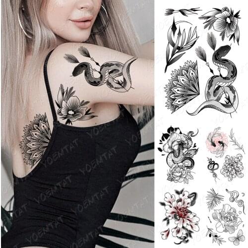 Waterproof Temporary Tattoo Sticker Dark Old School Dark Snake Leaf Flash Tattoos Black Lotus Body Art Arm Fake Tatoo Women Men