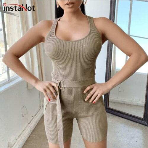 InstaHot Women Tank Playsuit Bodycon Knitted Sleeveless Summer Women Sexy Sashes Skinny Fitness Casual Jumpsuit Solid Rompers