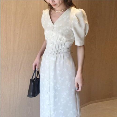 MEDR 2021 Spring V-Neck Puff-Sleeve Print Slim Waist Empire Drawstring Mid -Calf Dresses Fashion Elegant Casual Women Robe