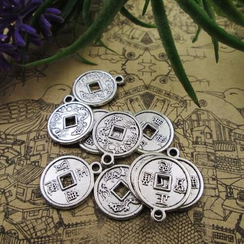 40pcs 17*14mm Chinese Ancient Coins Lucky Coins For Wealth And Health Antique silver charms Pendantfindings
