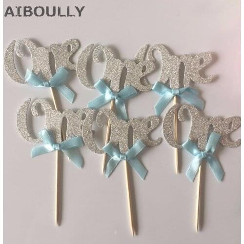 6pcs 1st Birthday Party Decoration Kids Baby Boy GirlGold Blue Cupcake Toppers Happy Kids Favors Cake Decorating Supplies