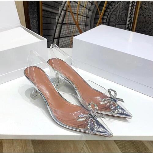 PVC Sandals Women Sexy Pointed Toe Crystal Butterfly Tie High Heels Women Slides Clear Shoes Luxury Brand Designer Woman Shoe