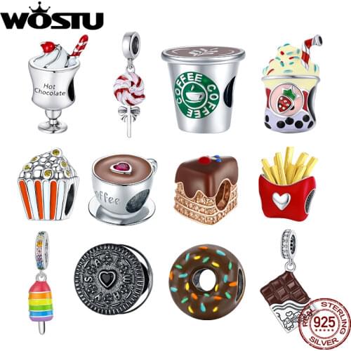 WOSTU 2021 Coffee Cup Chocolate Food Cake Bracelet Fit DIY Charms 925 Sterling Original Pendant Bead For Women DIY Fine Jewelry