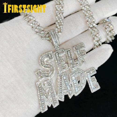 Iced Out Bling Full 5A Zircon CZ Letter Self Made Pendant Necklace Baguette CZ Cursive Letters Charm Men Fashion Hiphop Jewelry