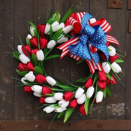 Artificial Tulip Wreath Summer Wreath with Green Leaves for Front Door Window Wall Wedding Party Farmhouse Home Decor