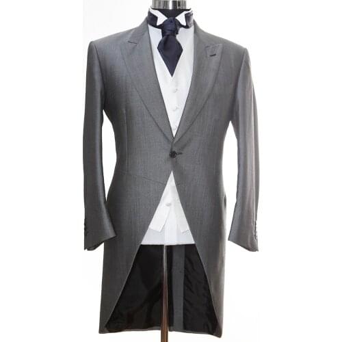 Custom Made Peak Lapel Slightly Middle Grey Evening Tailcoat With White Vest,Bespoke Wedding Tailcoat Suit,Tailored Groom Tuxedo
