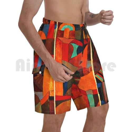 Klee-Temple Gardens , Abstract Art Beach Shorts Men Beach Pants Swimwear Temple Gardens Paul Klee Abstract Art