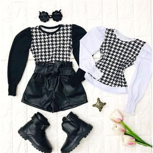 1-6Y Fashion Children Kid Girls Autumn Clothing Sets Plaid Long Sleeve Pullover Tops+Black PU Leather Shorts Outfits