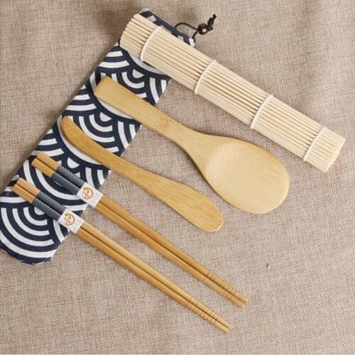 Kit Sushi Mat Roller Tools Rice Ball Vegetable Meat Roller Onigiri Sushi and Rolls Boat Rice Mold Bamboo Tool 6 PCS Set
