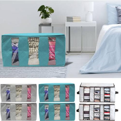 Non Woven Fabric Storage Box with 3 Compartments Zippered Folding Storage Box Clear Window Organizer with Handles Blue 1pcs