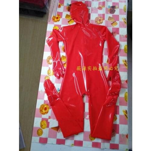Sexy Red Plus Size Full Body Fetish Latex Catsuit Bodysuits with Rubber Hood Gloves Socks