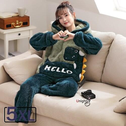 5XL Autumn Winter Warm Flannel Women Pajamas Sets Thick Coral Velvet Long Sleeve Plus Size Cartoon Sleepwear Thin Pyjamas Set