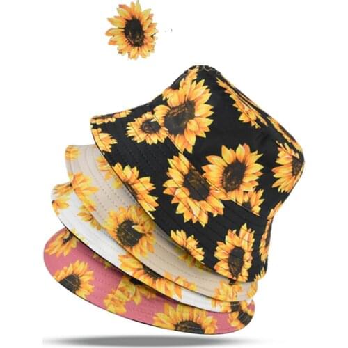 Sunflower Print Beach Mens Hat Double-Sided Printed Beach Headwear Bucket Hat Women Fishermans Hat Harajuku Cap Summer Hat