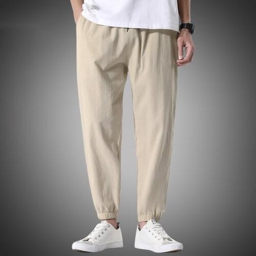 Straight Pants Mens Fashion Solid Elastic Waist Casual Pants 2021 Men Streetwear Loose Japanese Cotton Trousers Mens Bottoms