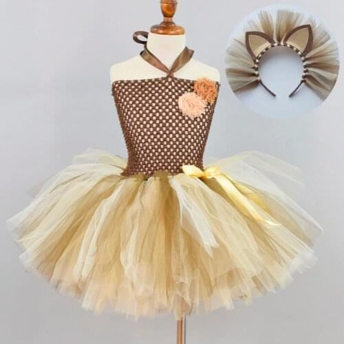 Lion Fluffy Tutu Dress With Headband Set Baby Birthday Party Brown Flower Clothes Girls Halloween Cosplay Animal Dress Costume