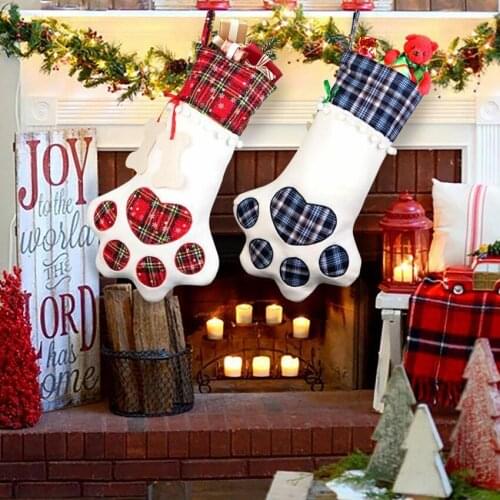 Pet Christmas Stocking Dog Paw Plaid Gift Bag Animal X-mas Ornament Stocking Candy Bags Cat Toy Gift Home Decoration Accessories