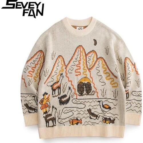 SEVEYFAN High Quality Mens Cartoon Mountain Jacquard Sweater Casual Thick Cotton Knitwear Pullover for Couples
