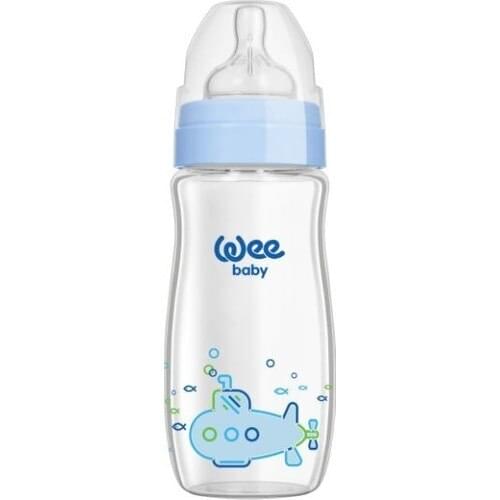 Wee Baby Classic Plus 280 ML Wide Mouth Heat Resistant Glass Baby Bottle-Blue